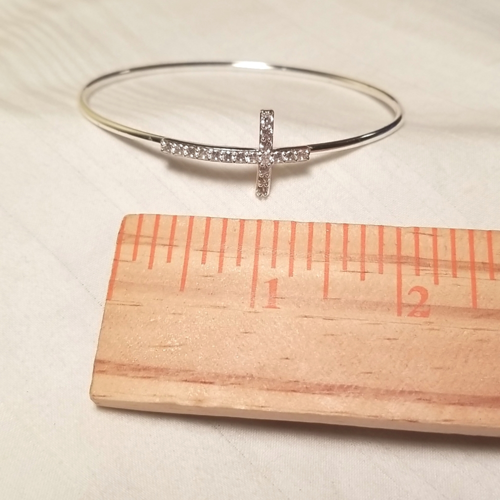 Silver Rhinestone Cross Bangle Bracelet - Picture 2 of 4